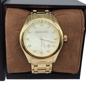 Michael Kors Watch Womens Gold Plated Stainless Steel Mother of Pearl Crystal
